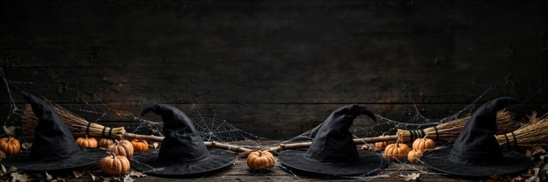 Halloween Witch Hats Pumpkins and Brooms on Dark Wood Banner
