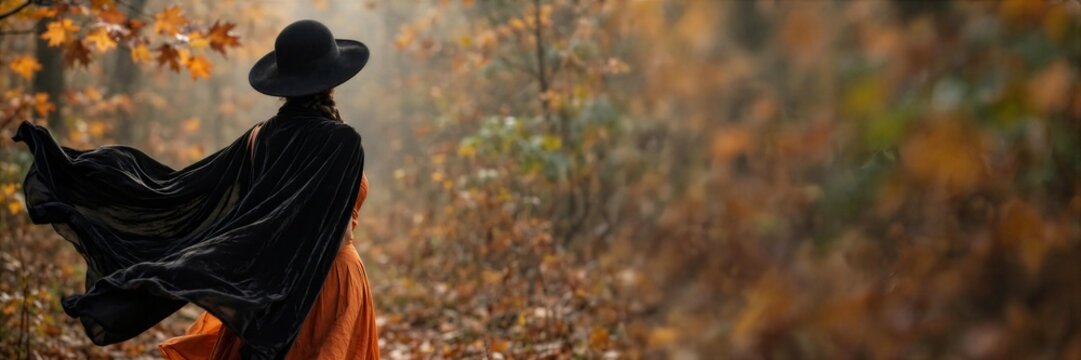 Halloween Witch Silhouette Walking through Autumn Field Banner