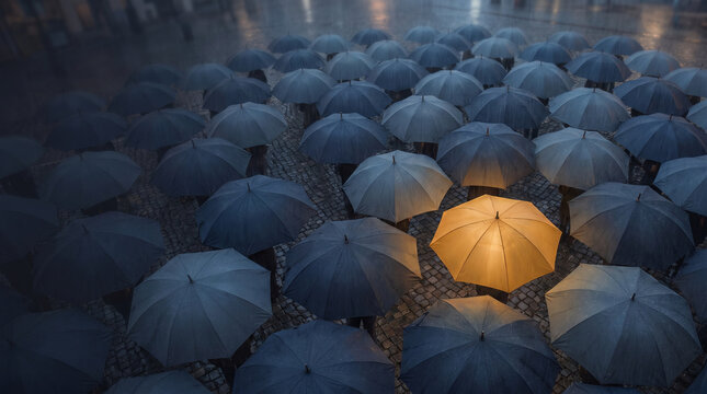 Business differentiation concept showing one glowing yellow umbrella standing out among dark crowd symbolizing leadership and competitive advantage