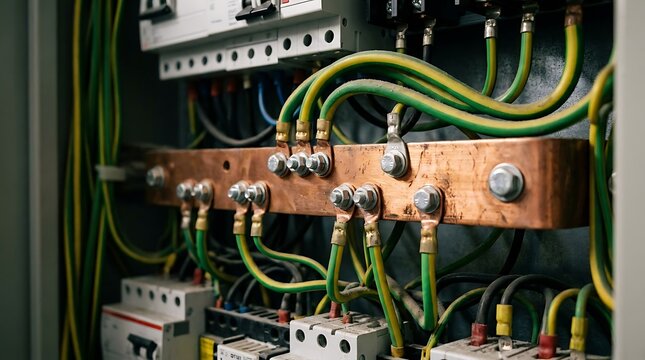 Closeup of electrical grounding busbar with green and yellow wires