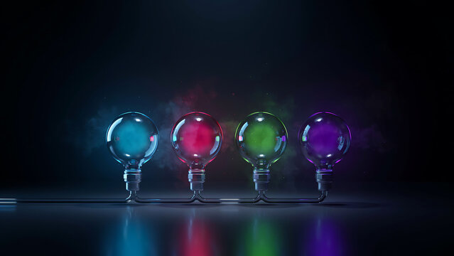 Colorful glowing glass light bulbs in a dark room