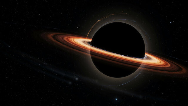 Black hole in space with swirling orange and red accretion disk