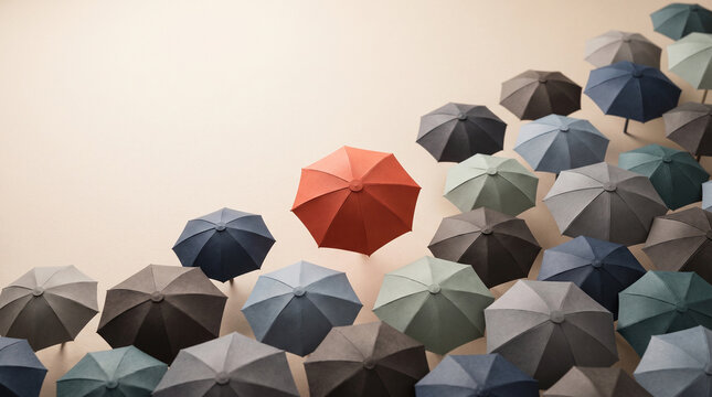 Creative leadership identity concept showing red paper umbrella standing out from grey group representing business differentiation and unique talent