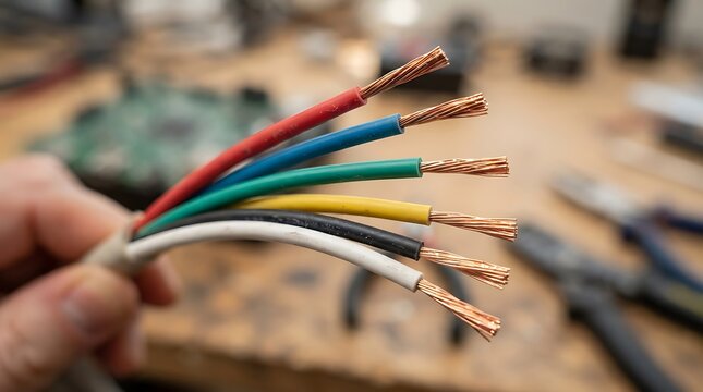 Closeup of a multicolored electrical wire cable with exposed copper ends