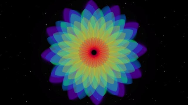 Colorful lotus flower pulsates on starry night background abstract motion.