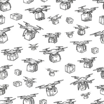Drone Delivery Seamless Pattern: Sketch Style Flying Drones with Parcels