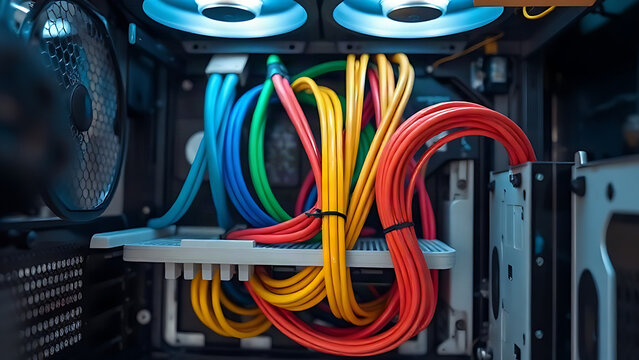 Neatly organized bundles of colorful cables inside a computer case.