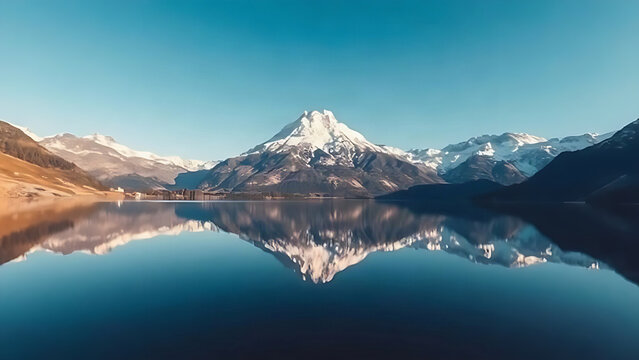 Serene high-altitude lake with still surface mirroring a snow-capped mountain.