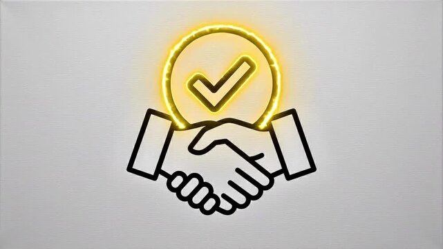 Handshake icon featuring a glowing yellow checkmark circle above joined hands.