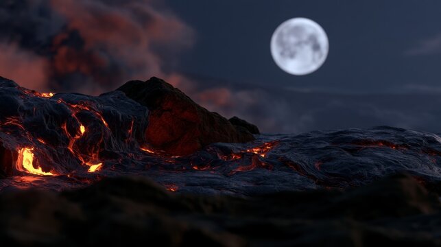 Lava flows under a bright moon at night in a volcanic landscape