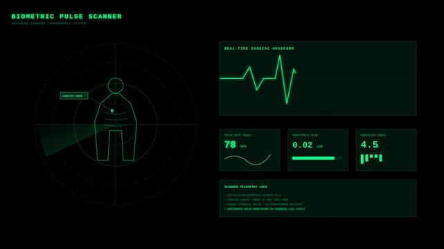 Futuristic Biometric Pulse Scanner Interface Displaying Real Time Cardiac Waveform Health Data
