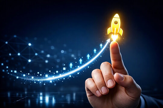 Startup business growth and rocket launch success concept with digital finger touch, business