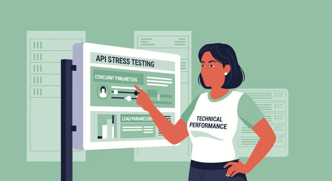 Woman performing API stress testing on a digital screen, showcasing performance metrics.