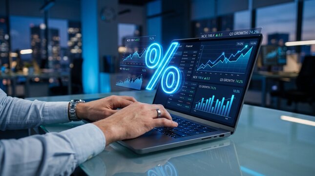 A person works on a laptop in a modern office at night, analyzing financial data and growth stock charts displayed on the screen alongside a glowing percentage symbol hologram overlay.