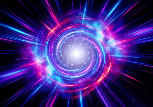 Cosmic wormhole swirling in deep space with glowing neon light speed tunnel effect