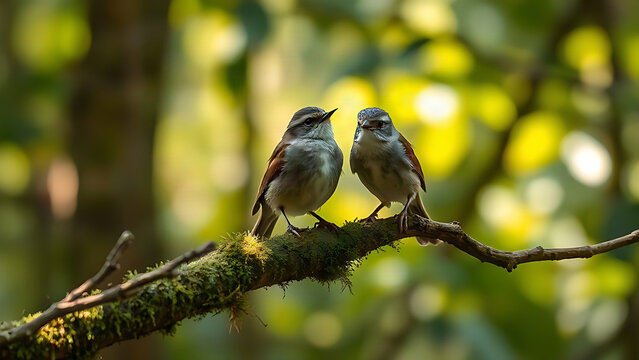 Two small birds perched on a moss-covered branch in a sun-dappled forest.