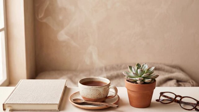 A warm cup of tea steams invitingly beside a book and a small potted plant, creating a cozy and serene scene of relaxation and simple pleasures.