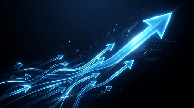 Glowing digital arrows converging upward symbolizing business growth success progress innovation and strategic development advancement goals