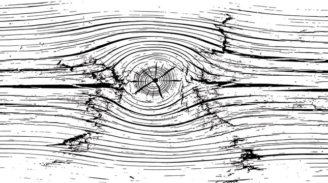 Black and white graphic illustration featuring detailed wood grain texture with central knot pattern with patterns prominent central displays high contrast