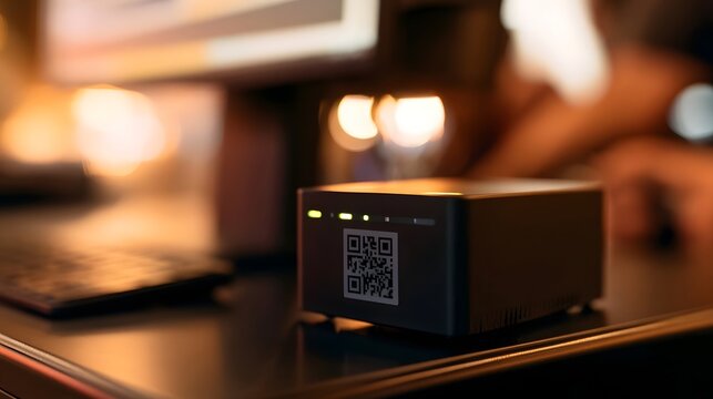 A compact black QR code reader sits on a desk under warm ambient lighting with glowing indicator lights and blurred background elements