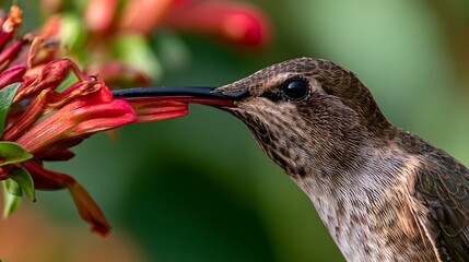 Naklejka premium A hummingbird extends its long beak into a vibrant red flower to sip nectar captured in sharp focus against a soft green background