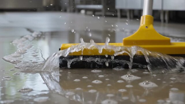 A yellow squeegee pulling a wave of soapy water