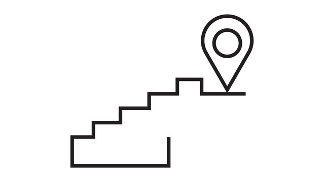 Line icon of stairs leading to destination marker, symbolizing progress