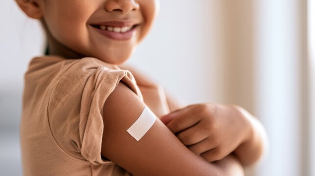 A smiling child shows a freshly bandaged upper arm after receiving a vaccination.