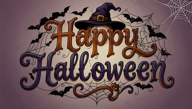 Detailed Happy Halloween calligraphic typography surrounded by flying bats, a witch hat, and cobwebs on a soft background, created with generative ai.
