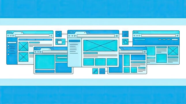 Multiple website browser windows and UI wireframes.