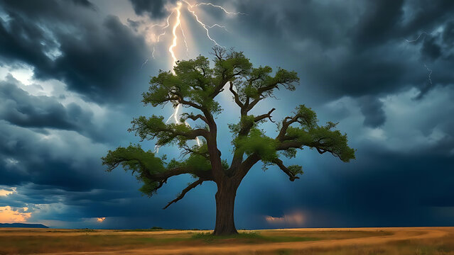 A tall oak tree in a field, struck by lightning, with sunbeams piercing dark clouds.