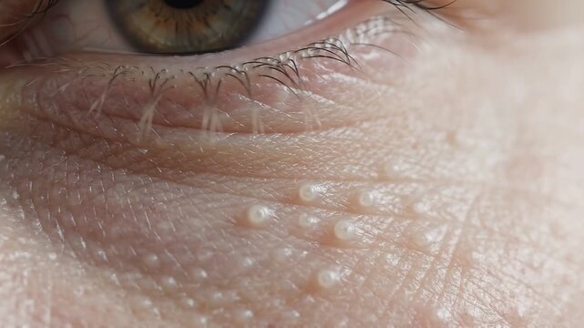 Tiny white milia bumps under the eye, honest skin close-up, bright