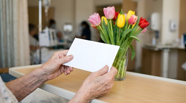 Elderly patient holding blank card in hospital with flowers for recovery