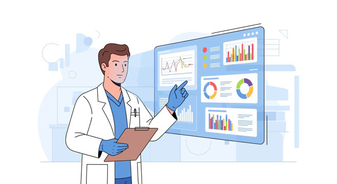 Scientist Analyzing Data on Digital Display, Medical Research