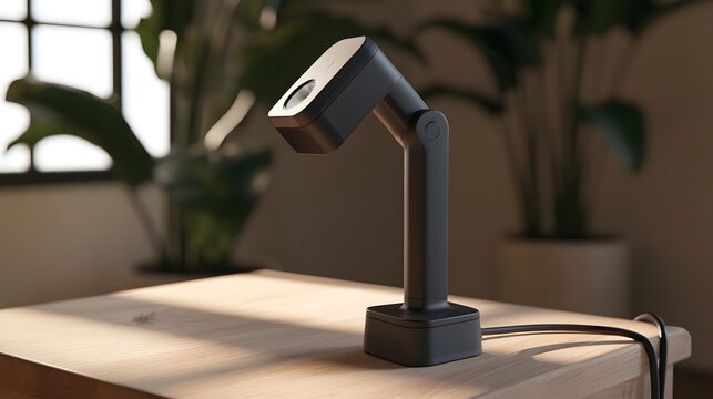 Modern desk mounted QR code scanner with articulated arm positioned on wooden surface under soft natural light