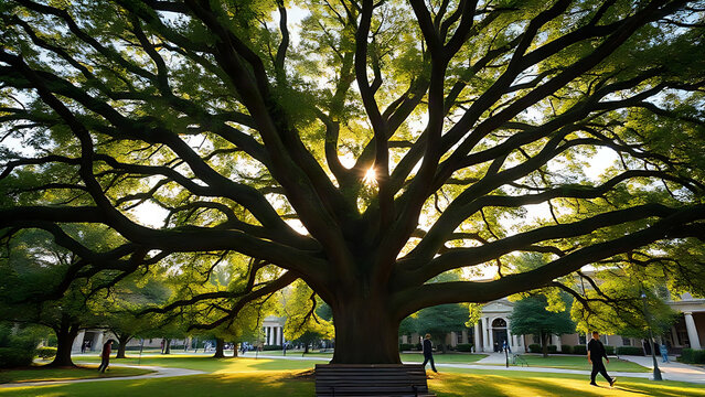 Majestic oak tree on a campus providing shade for a bench.