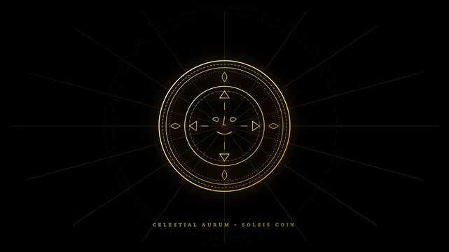 Golden Celestial Sun Coin Motion Graphic with Mystical Symbols and Geometric Lines on Dark Background