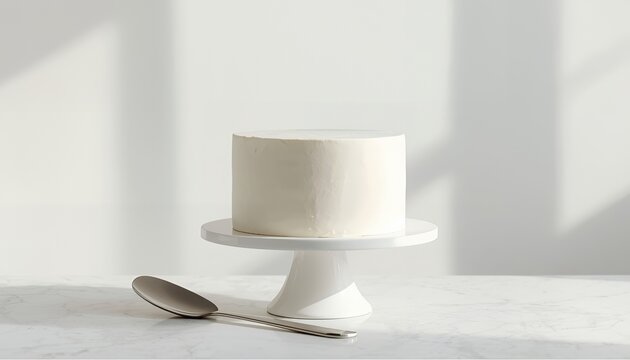 Plain white frosted cake on white cake stand with silver spoon on marble table, minimalist mockup background
