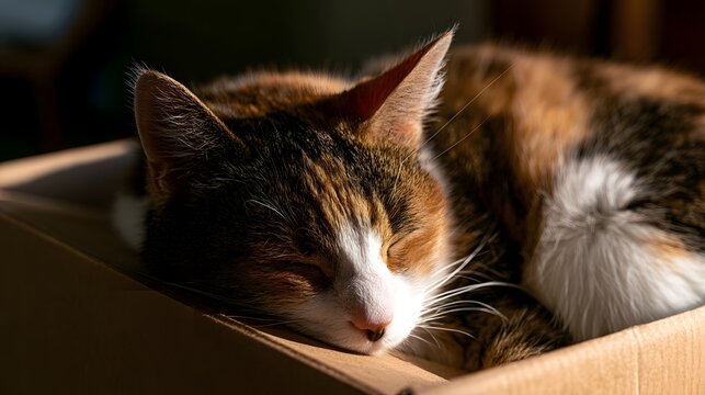 A calico cat rests peacefully inside a cardboard box bathed in warm sunlight  its fur patterned with orange  black  and white tones