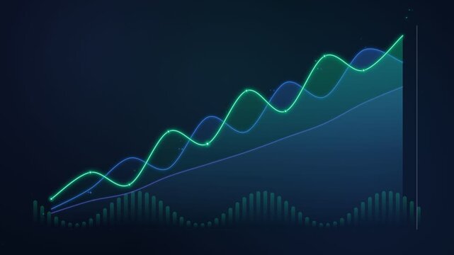 Clean 4K textless multi-series area chart animation with smooth gradient fills, laser scanner beam, glowing data nodes, and dynamic spectrum baseline. Minimalist business graphics for corporate analyt