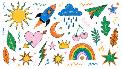 Obraz premium Hand drawn colorful doodle set featuring various cute whimsical icons