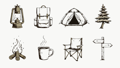 Hand drawn camping equipment icons set for outdoor adventure lifestyle gear © Ahsanul
