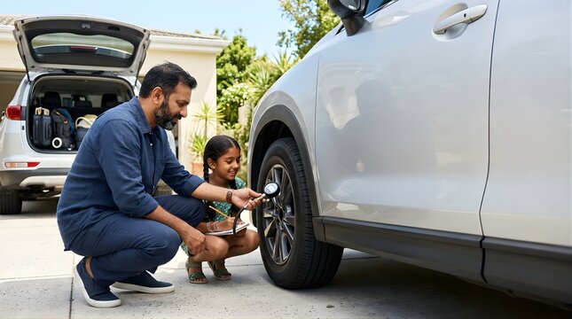 Father and daughter checking car tire pressure together at home driveway