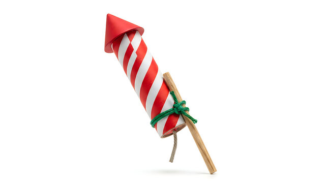 Red and white firework rocket with green fuse isolated on bright white background for celebrations