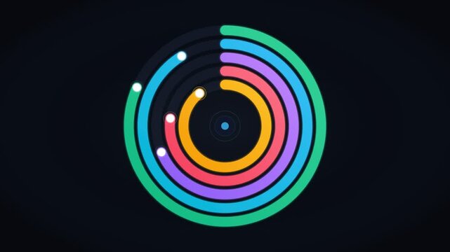Clean 4K textless minimalist radial bar chart animation featuring 5 concentric glowing progress arcs with smooth spring dynamics, dark slate gradient backdrop, and subtle circular grid. Premium motion