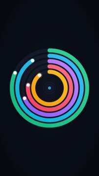 Clean 4K textless minimalist radial bar chart animation featuring 5 concentric glowing progress arcs with smooth spring dynamics, dark slate gradient backdrop, and subtle circular grid. Premium motion