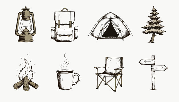 Hand drawn camping equipment icons set for outdoor adventure lifestyle gear