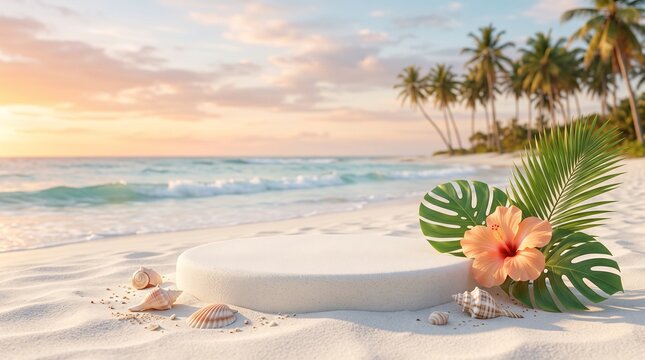 Tropical beach podium for product display, white stone pedestal on sand with hibiscus and palm leaves, summer ocean background