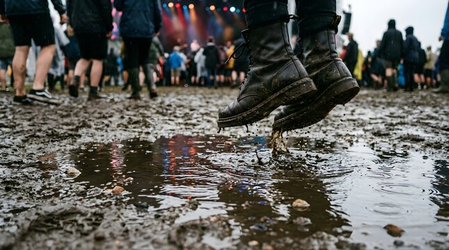 Feet jumping in a mud puddle at an outdoor music festival concert