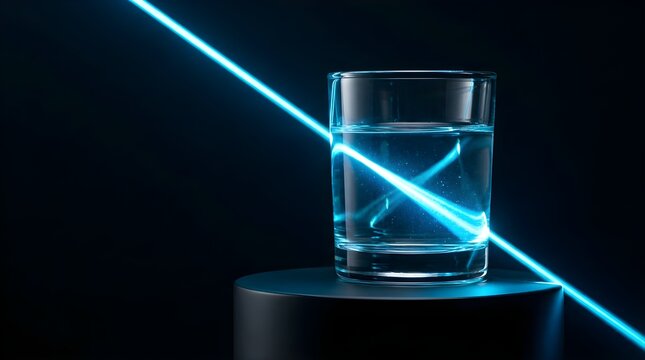 Glass of water on a black podium with blue neon laser light refraction